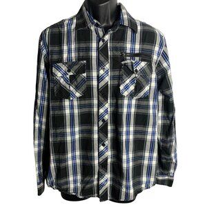 Eighty Eight Button Up Plaid Shirt L Black White Roll Tab Sleeves Chest Pockets